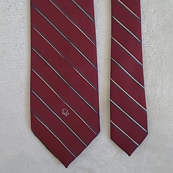Vintage Christian Dior Men's Necktie Red Navy White Regimental Stripe Short Tie - Picture 10 of 16